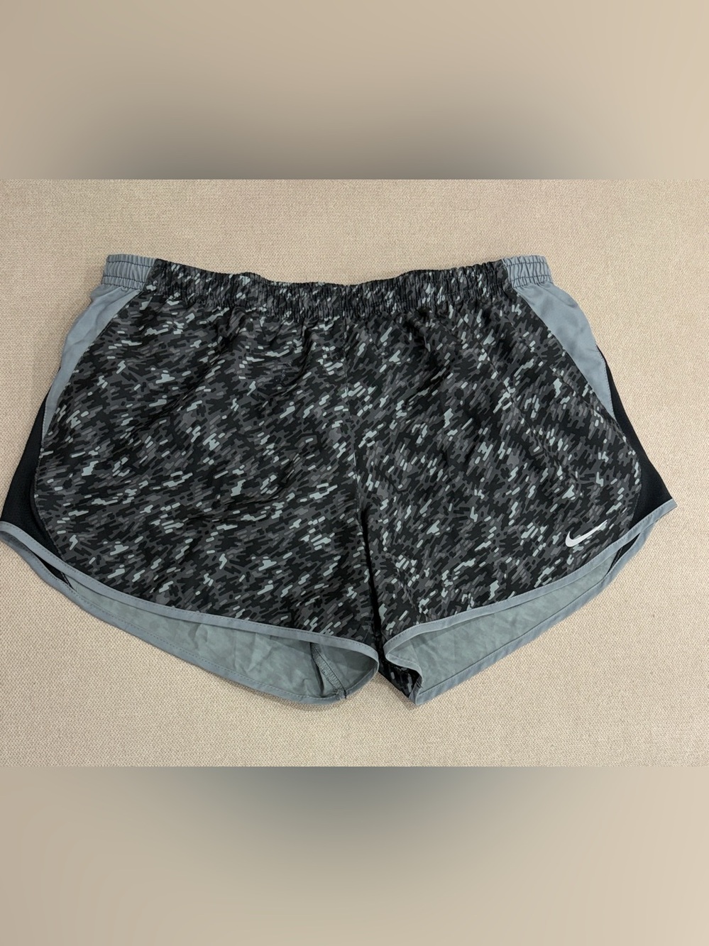 Nike Women’s Black and Gray Camouflage Dri-FIT Running Shorts